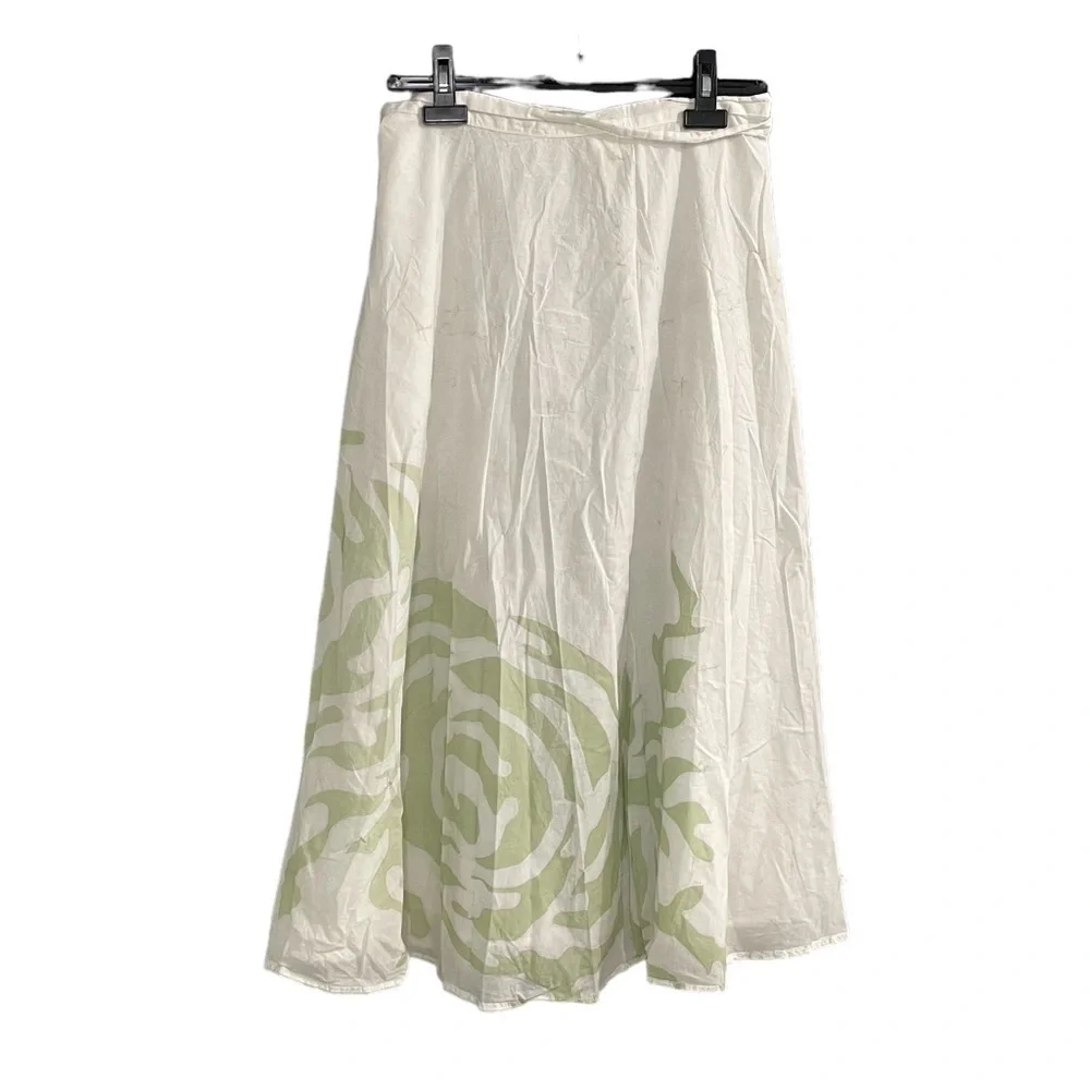 Cotton Floral Print Midi Wrap Skirt White Green S/M